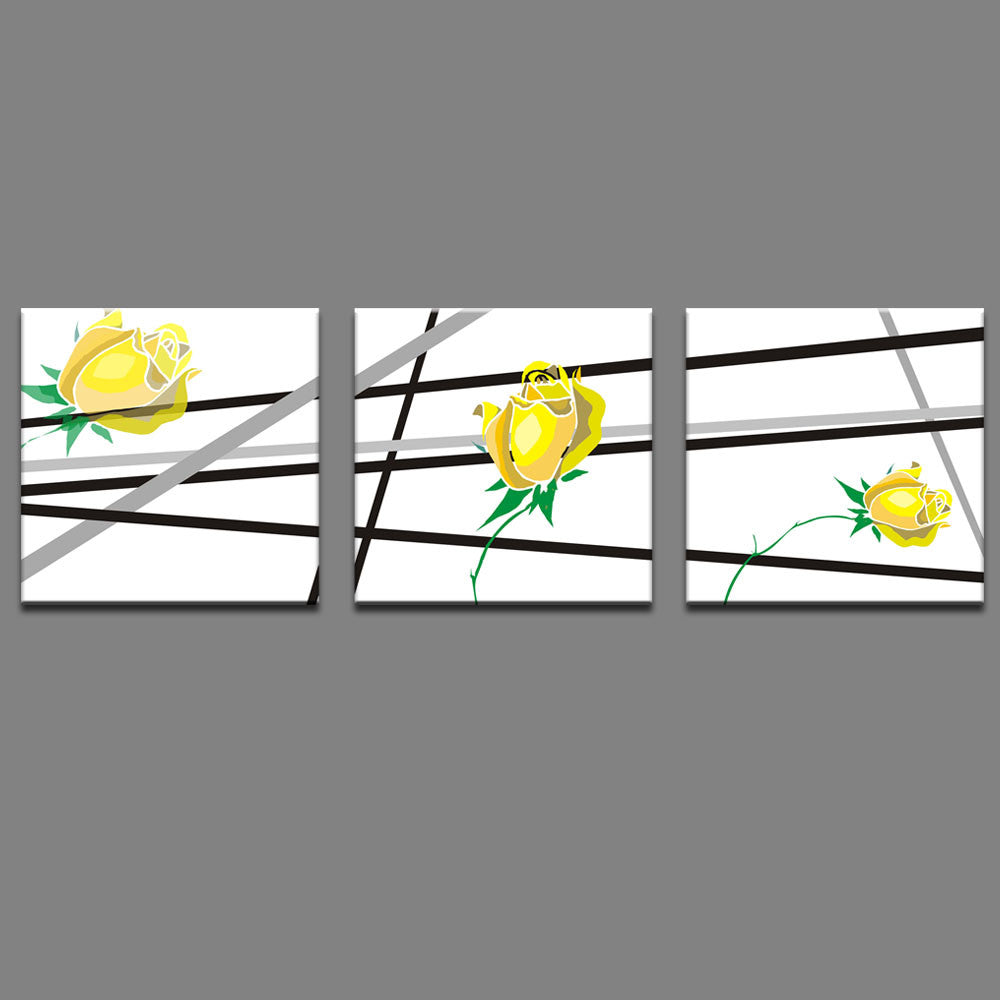Yellow Flowers, Black Lines - Modern 3-panel canvas wall art featuring bright yellow roses with green leaves arranged across intersecting black diagonal lines on a white background