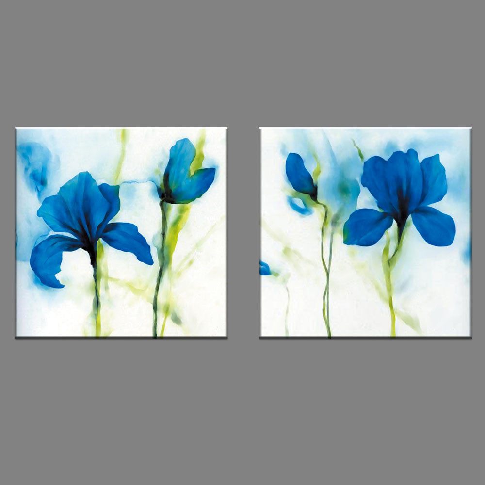 Blue Flower, Abstract Accents - 2 Piece: Vibrant watercolor-style canvas art featuring delicate blue iris flowers with green stems against a soft white background, displayed as a striking two-panel wall decor set.