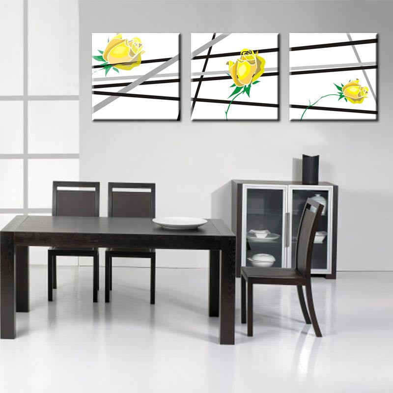 Yellow Flowers, Black Lines - Modern 3-panel canvas wall art featuring minimalist yellow rose designs with green leaves intersected by bold black diagonal lines on white background, perfect for contemporary dining room decor