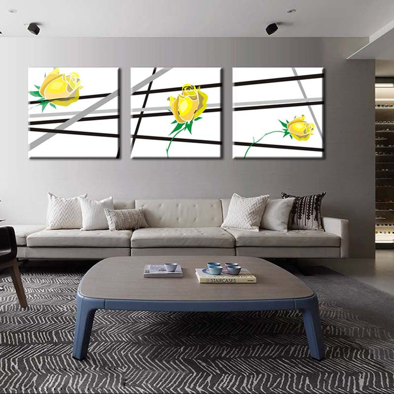 Yellow Flowers, Black Lines - modern 3-piece canvas wall art featuring vibrant yellow abstract flowers with black linear patterns on white background, perfect for contemporary home decor and living spaces