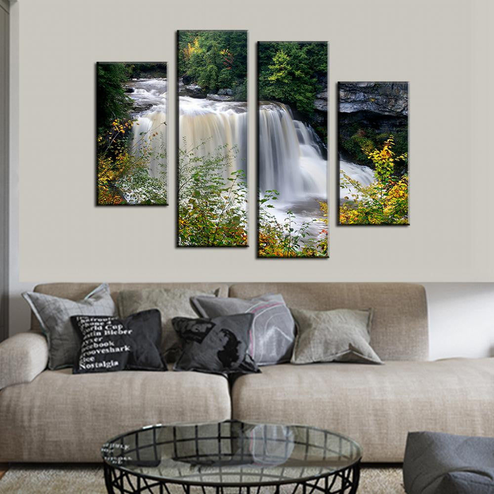 Mountain Stream Waterfall canvas art featuring cascading white waters surrounded by lush green forest and vibrant wildflowers, split into four panels for dramatic wall display