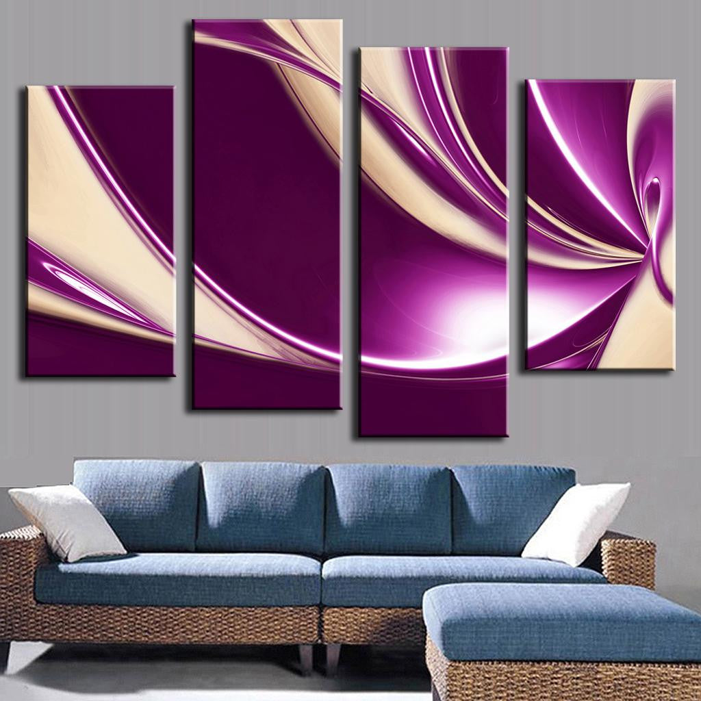 Modern Purple Swirls - 4-panel canvas wall art featuring elegant abstract design with flowing curves in deep purple and cream colors, creating a dynamic contemporary pattern across multiple pieces. Perfect for modern home decor.
