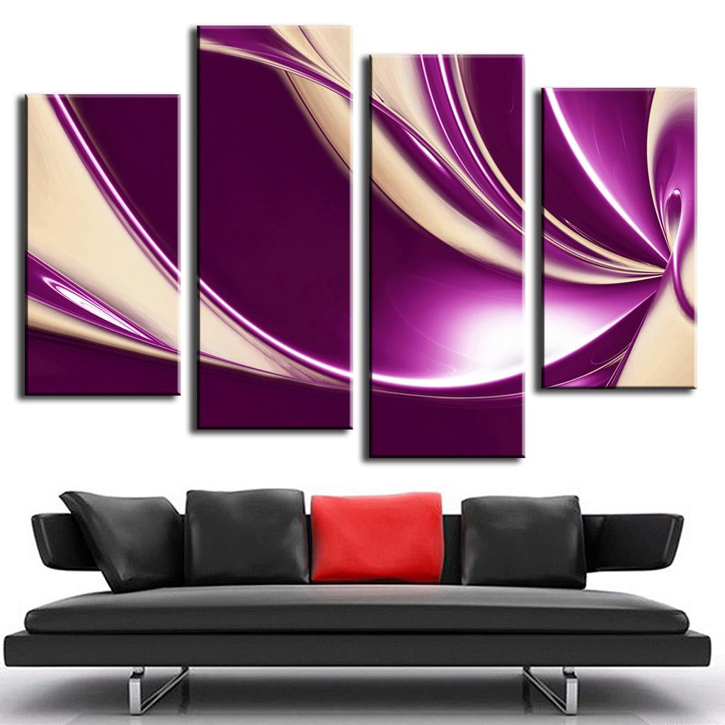 Modern Purple Swirls - 4-piece canvas wall art featuring elegant abstract purple and cream swirling lines creating a dynamic flowing pattern with radiant light effect, perfect for contemporary home decor