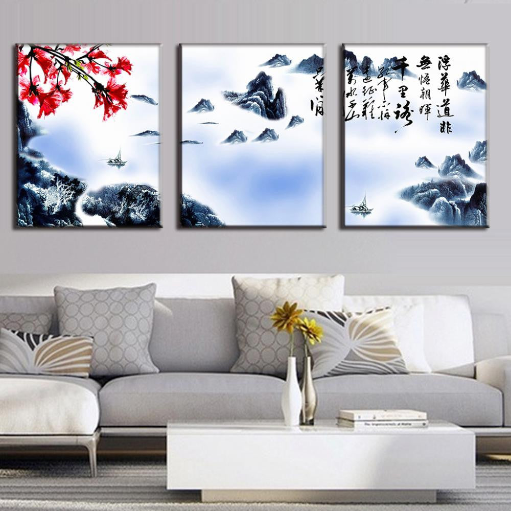 Chinese Calligraphy, Mountains, and Clouds: Traditional Asian ink painting triptych featuring misty blue mountains, red cherry blossoms, Chinese calligraphy characters, and small boats on water against white background