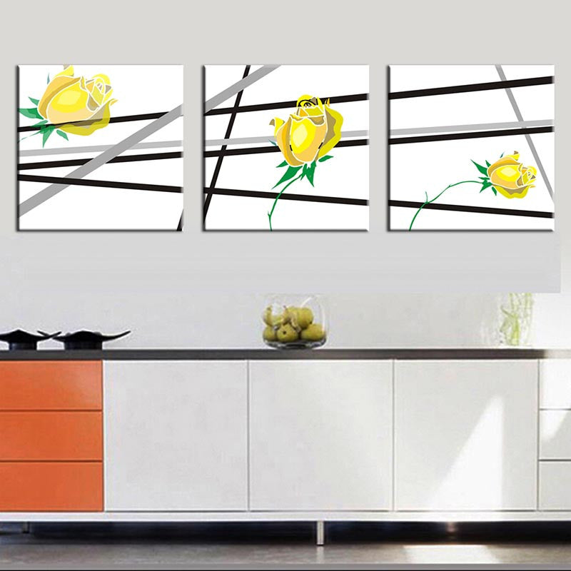 Yellow Flowers, Black Lines - Modern three-panel canvas art featuring stylized yellow rose blooms with green stems against a white background, intersected by bold black and gray diagonal lines, perfect for contemporary wall decor