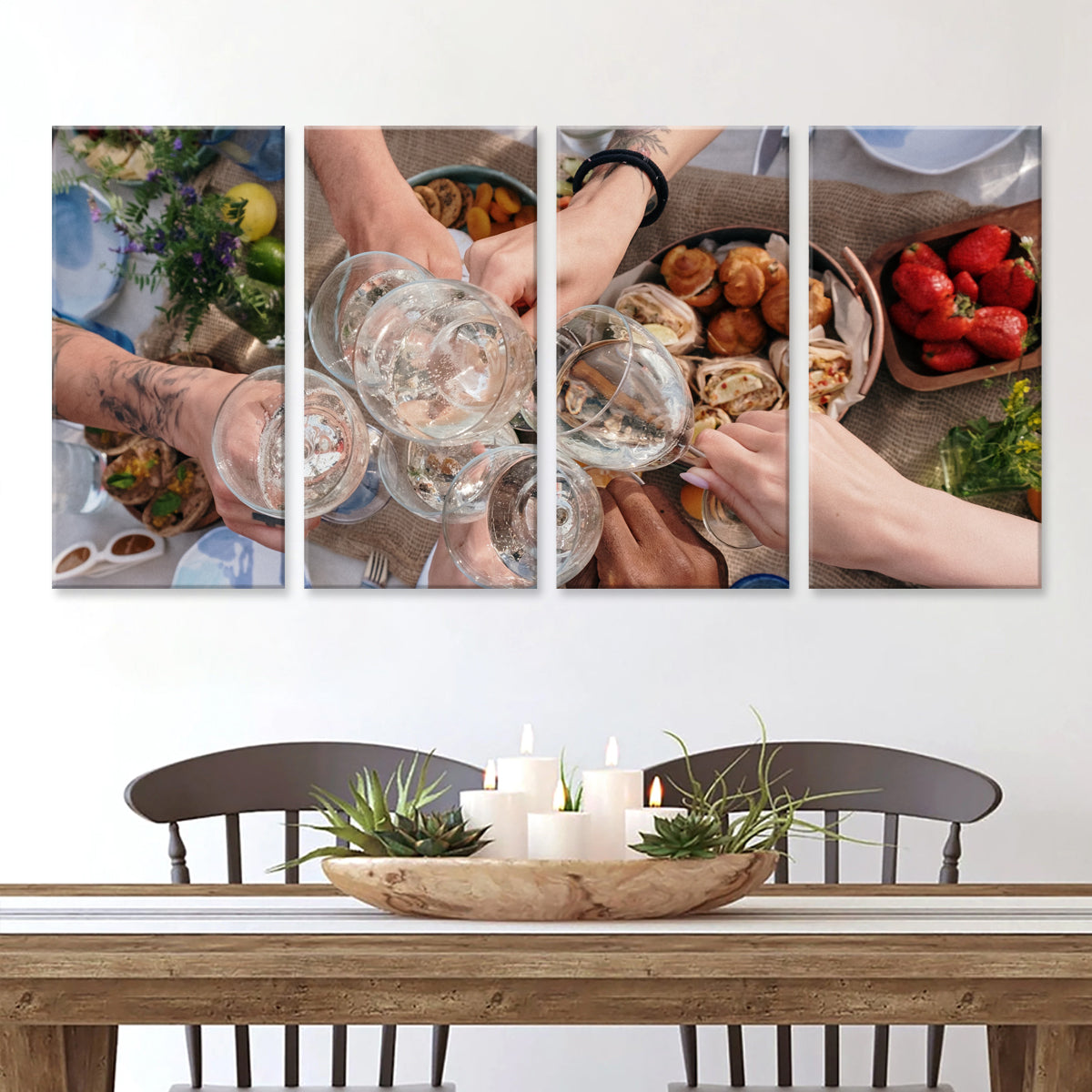 Cheers canvas print featuring a festive dining scene with raised wine glasses, fresh strawberries, and appetizers on a rustic table, split into four panels perfect for kitchen or dining room wall decor