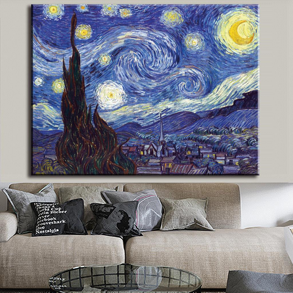 The Starry Night canvas wall art featuring swirling night sky with bright yellow stars and moon over a village landscape with prominent dark cypress tree in foreground, showcasing Van Gogh's iconic painting style