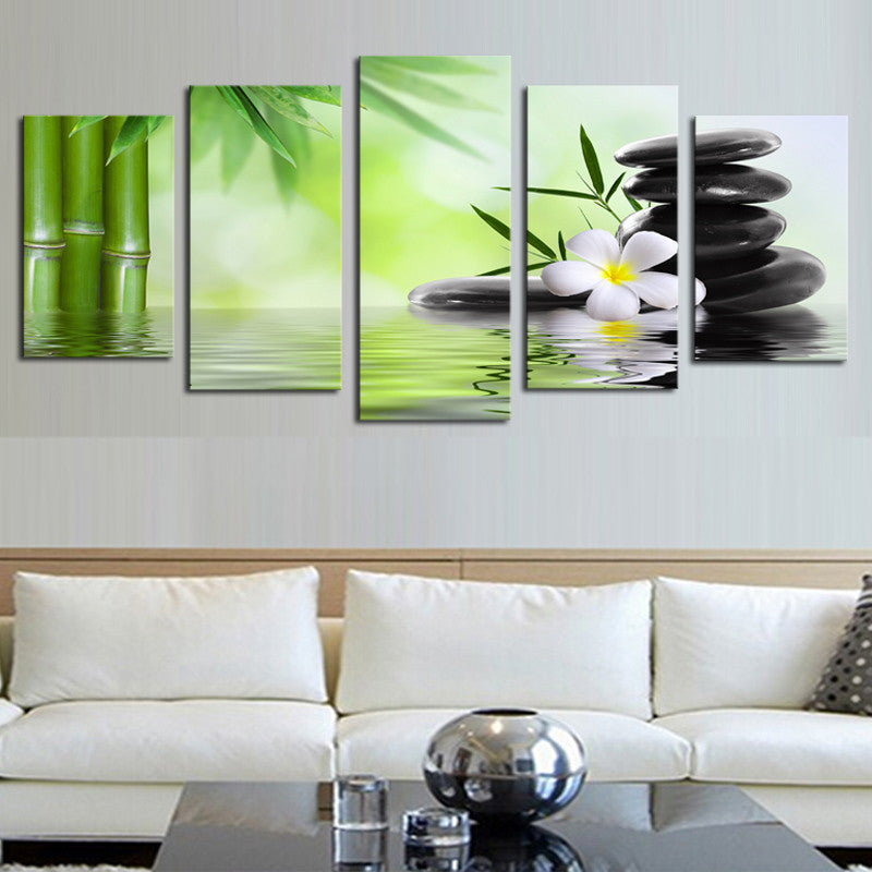 Bamboo Stone Scenery 5-panel canvas wall art featuring green bamboo stalks, black zen stones, white plumeria flower, and reflective water creating a serene spa-like atmosphere with soft green background