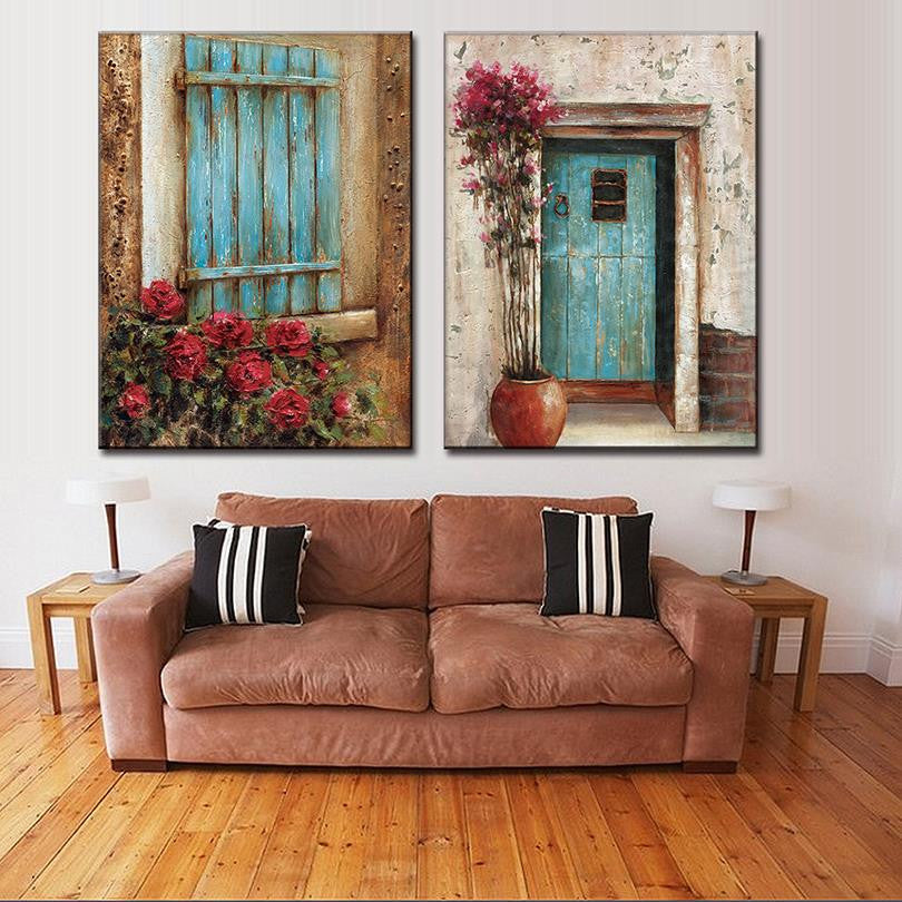 Abstract Window Door Design: Vintage-style canvas art featuring rustic turquoise window shutter with red roses and matching door with potted plant, perfect for Mediterranean or cottage decor wall art prints