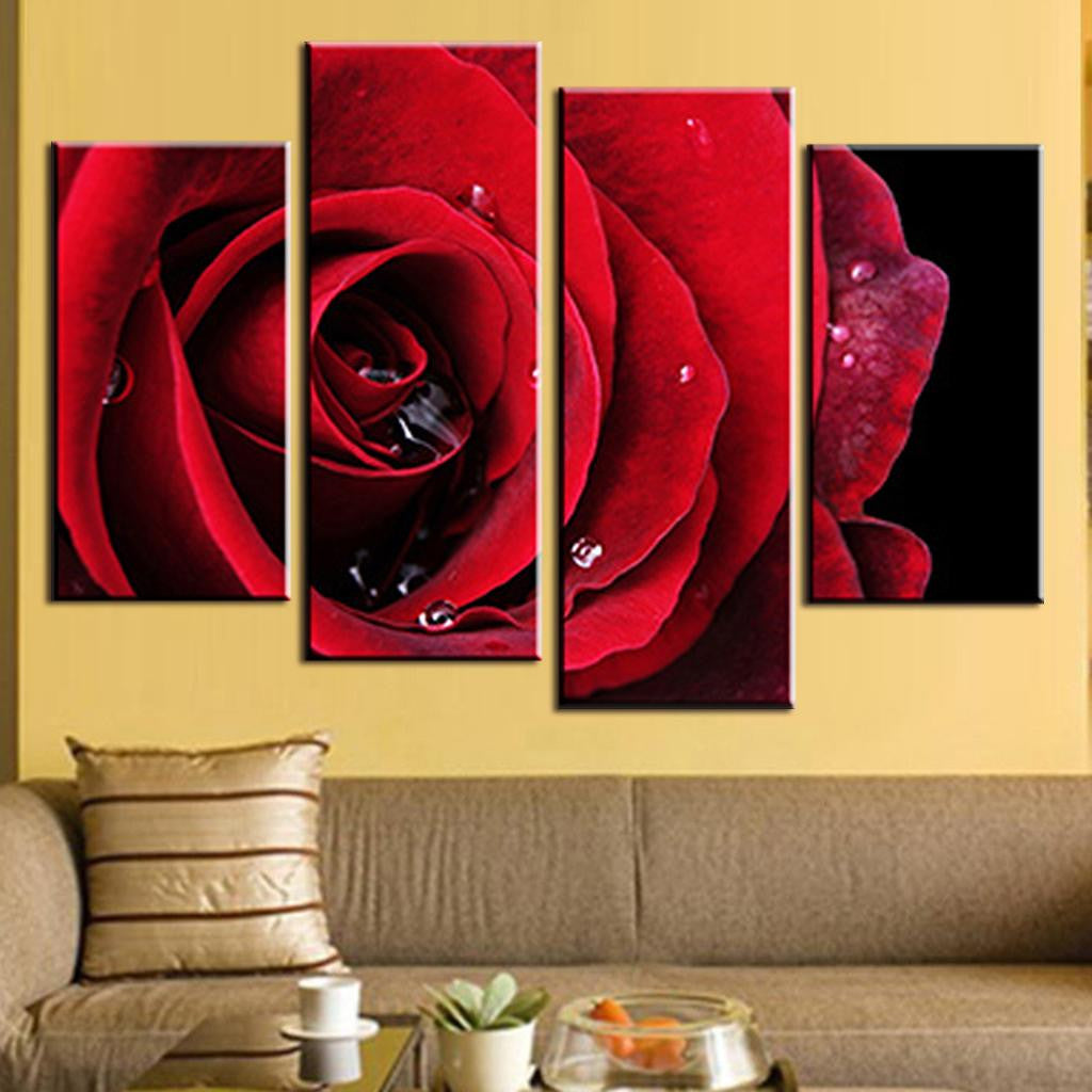 Red Rose with Droplets - 4-panel canvas wall art featuring a stunning macro photograph of deep red rose petals with glistening water droplets, creating dramatic contrast against dark background. Perfect romantic home decor piece at 48x36 inches.