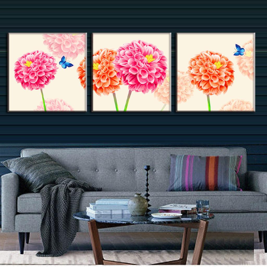 Chrysanthemum And Butterflies wall art - vibrant pink and orange chrysanthemum flowers with blue butterflies on cream background, three-panel canvas print set for modern home decor