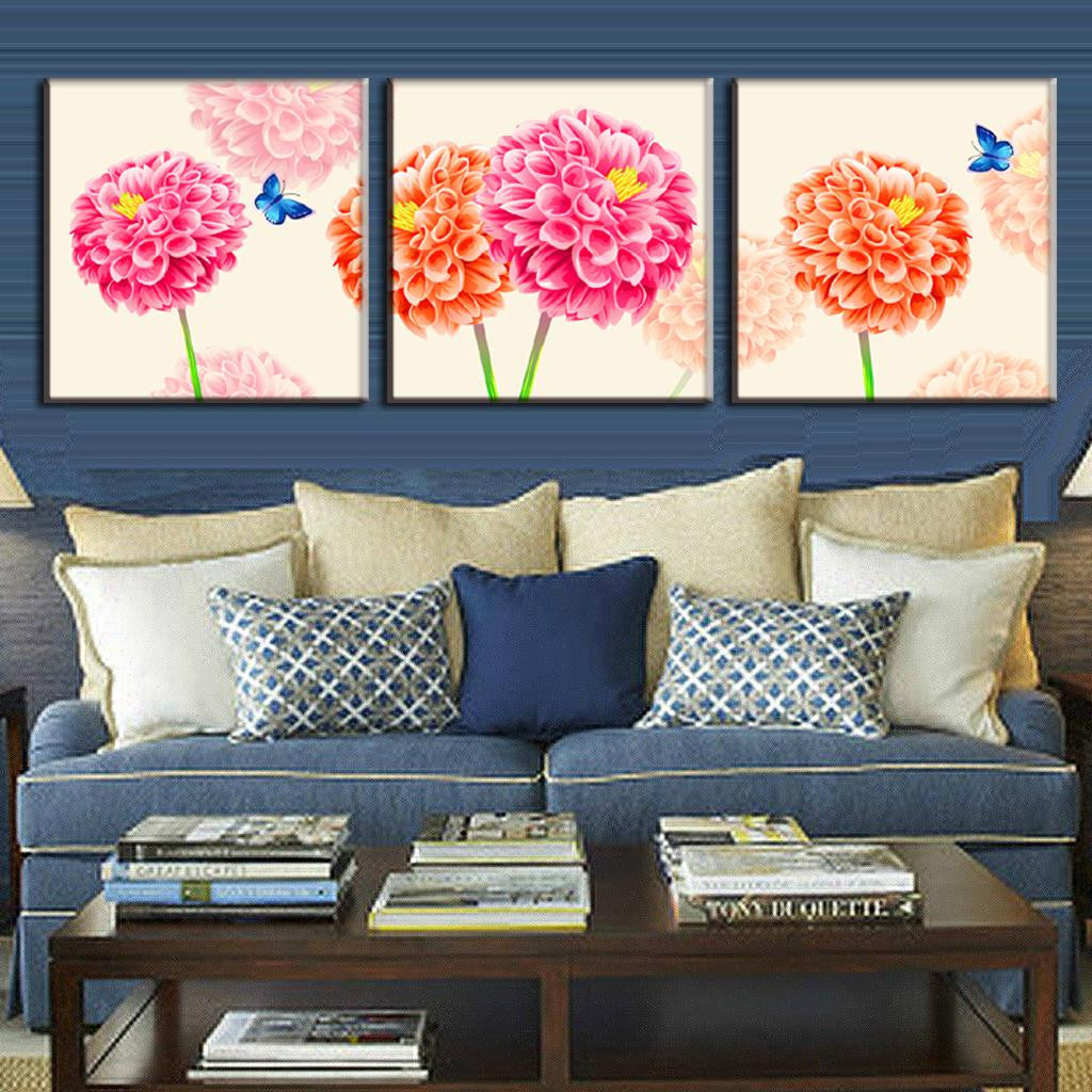 Chrysanthemum And Butterflies 3-panel wall art featuring vibrant pink and orange chrysanthemum blooms with delicate blue butterflies against a soft cream background, perfect for modern home decor