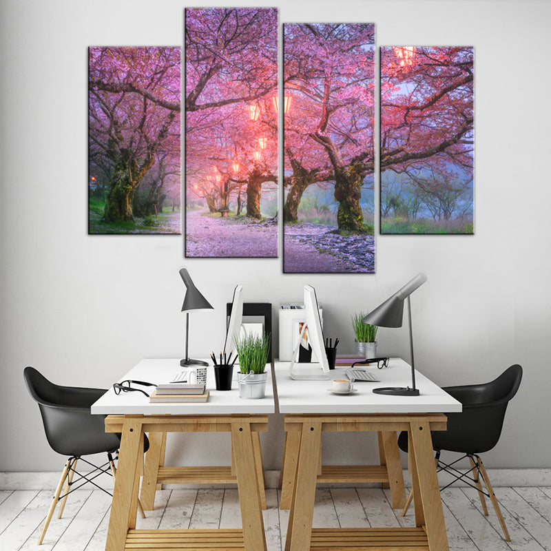 Cherry Blossom Path canvas wall art featuring enchanting pink cherry trees in bloom along a serene pathway at sunset, creating a dreamy and tranquil atmosphere with fallen petals scattered on the ground and soft sunlight filtering through branches