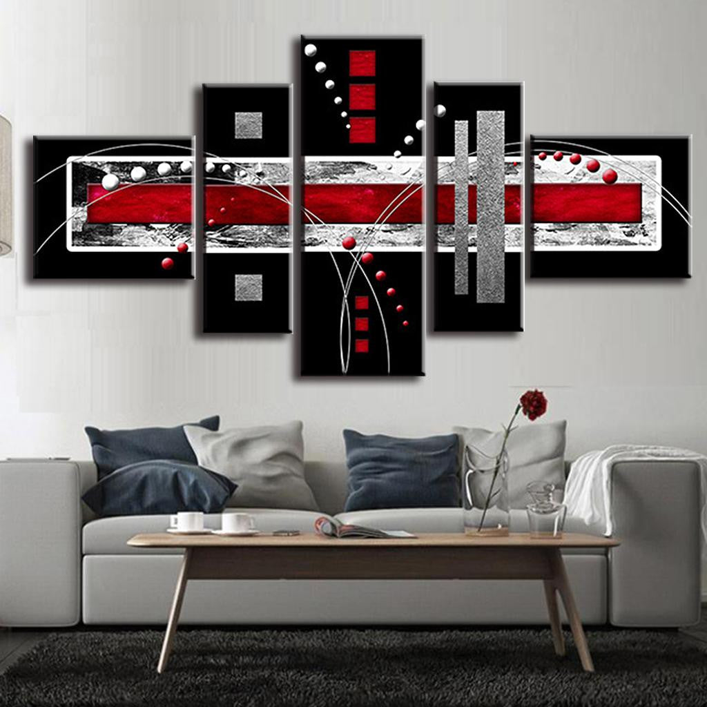 Red and Gray Abstract Rectangles: Modern 5-panel canvas wall art featuring bold geometric shapes in red, black, and gray with abstract lines, dots and textures creating a contemporary minimalist design perfect for home decor